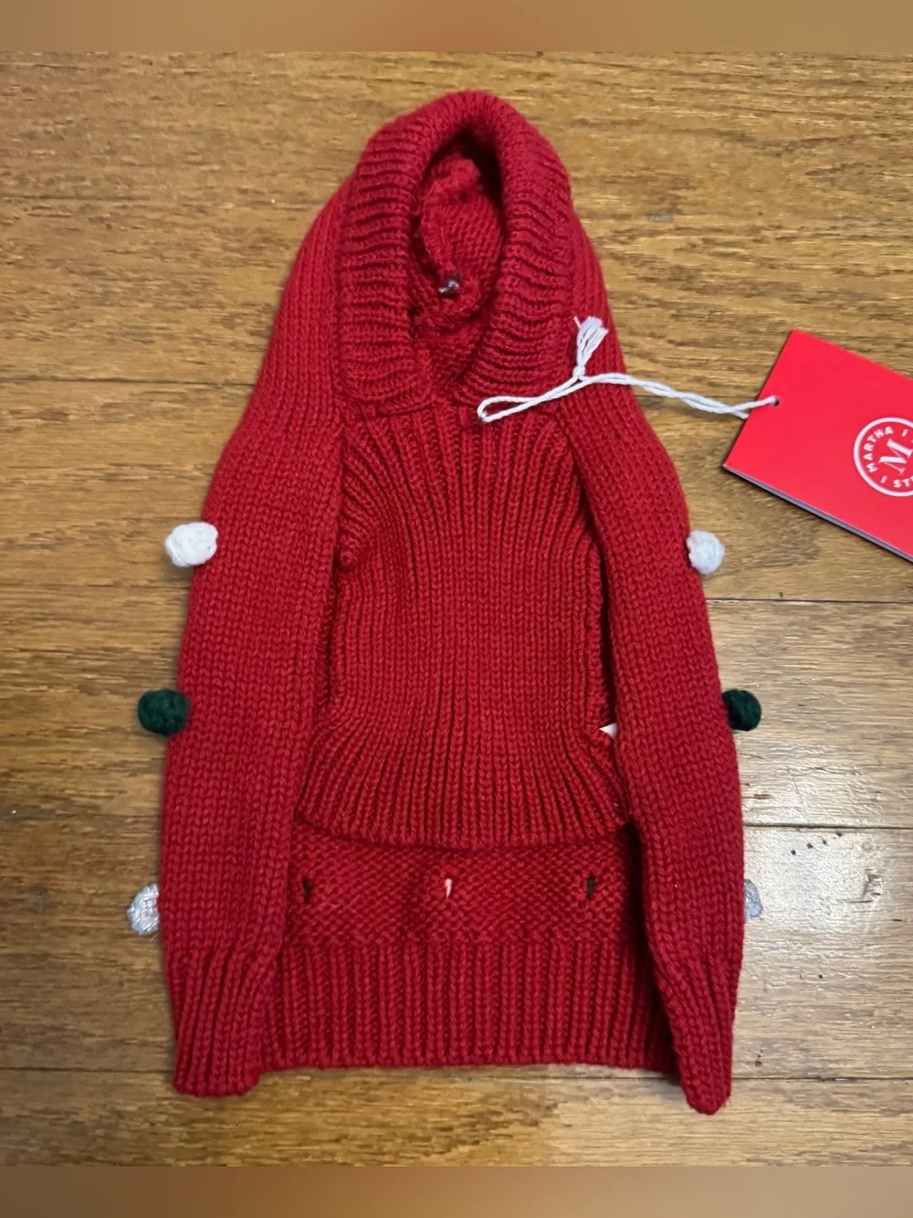 Martha Stewart Red, Green, White, & Silver Pom Pom Hoodie Puppy/Dog Sweater, XS
